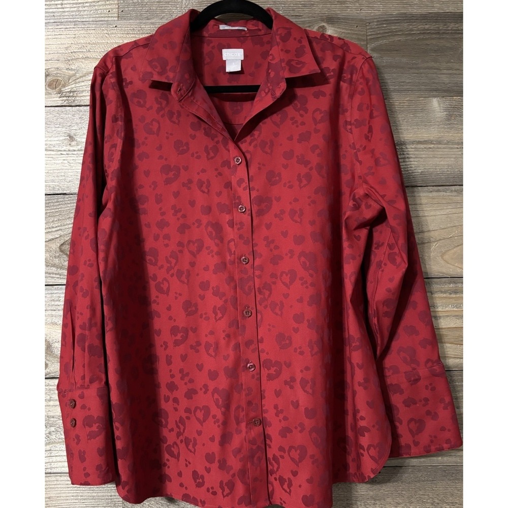 Chico's Shirt No Iron Chic Stretch Red Heart Leopard Print U.S 16 (3)